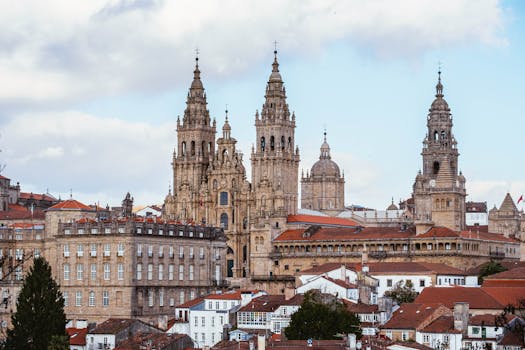 View of the iconic Santiago de Compostela Cathedral in Spain's historic cityscape.